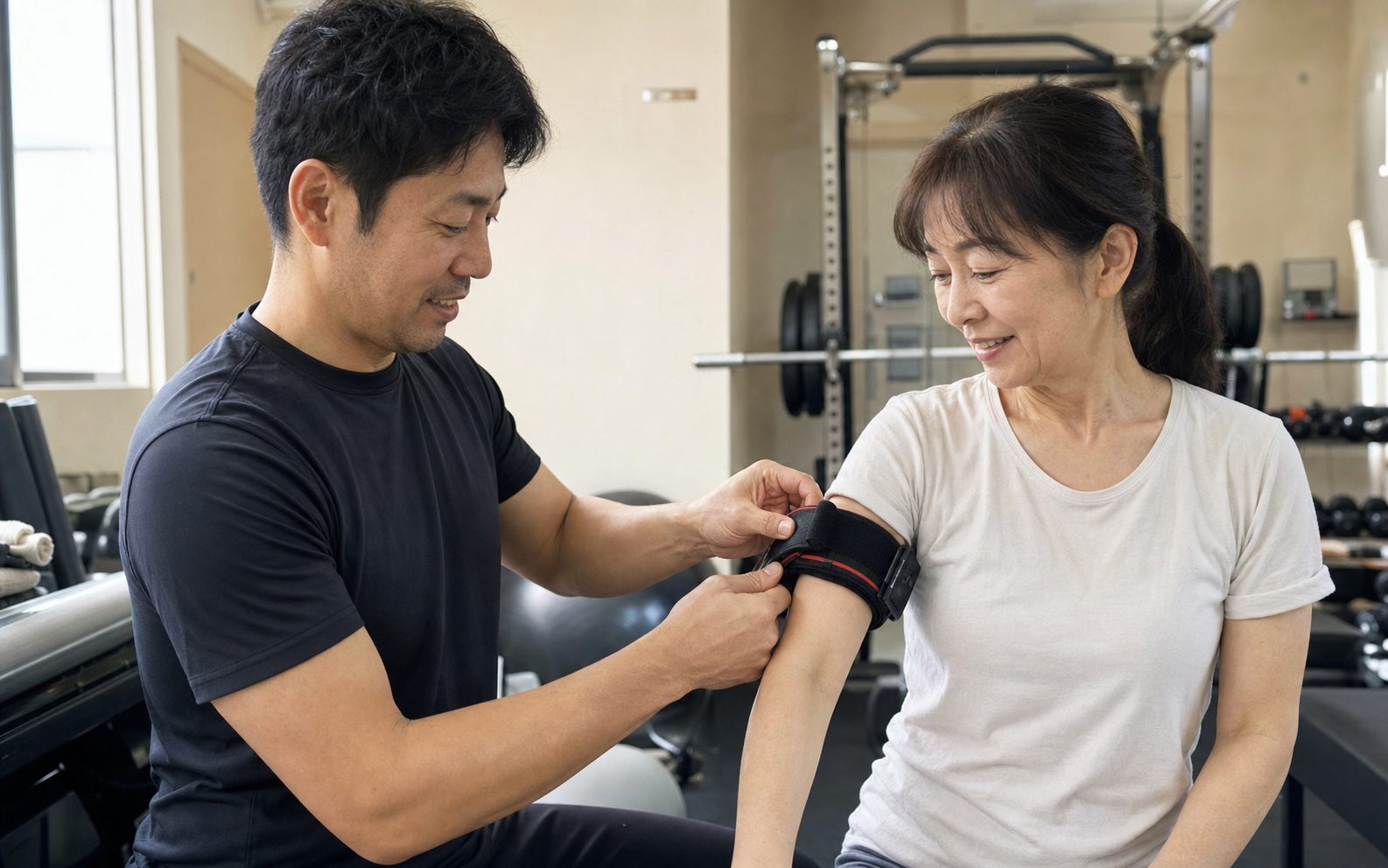 トレーナーが会員の腕に加圧ベルトを巻いてサポートしている様子（イメージ・AI生成の仮画像）