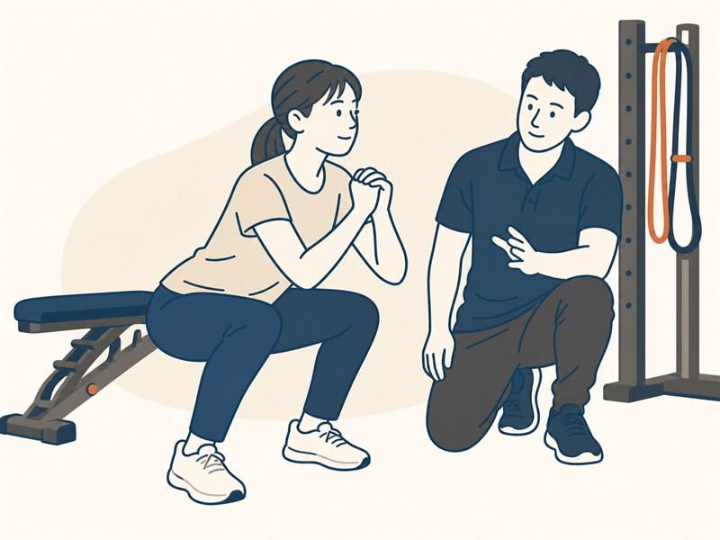 30代女性がトレーナーに見守られながらスクワットをするテーマイラスト