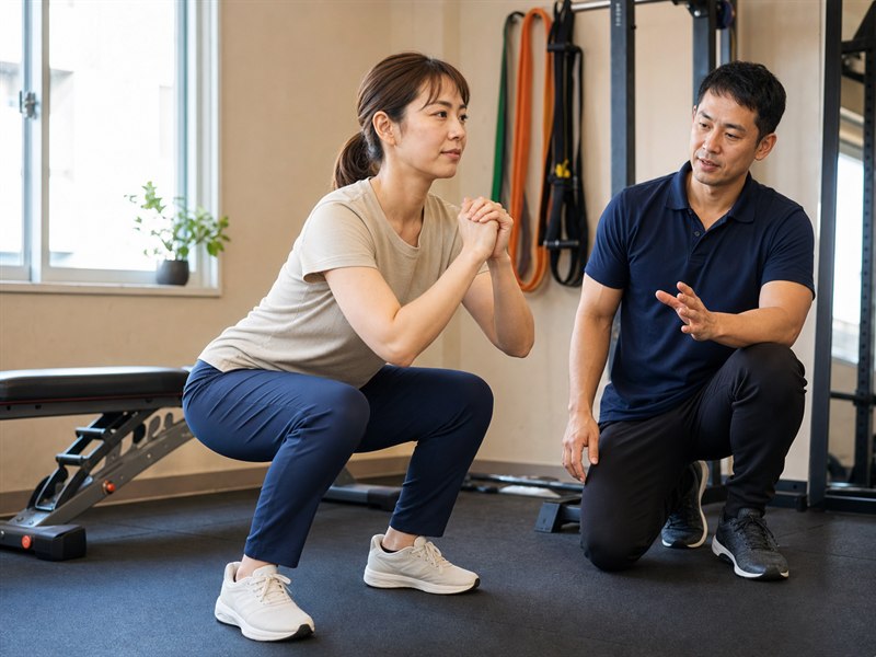 30代女性がトレーナーに見守られながらスクワットをするAI生成のテーマ写真