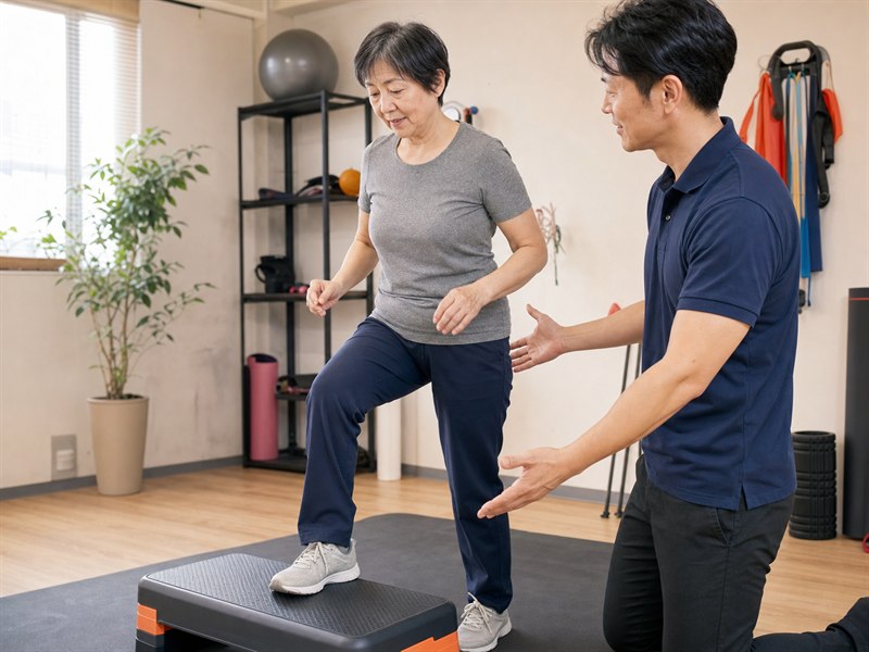 60代女性がトレーナーに見守られながら低い台でステップ運動をするAI生成のテーマ写真